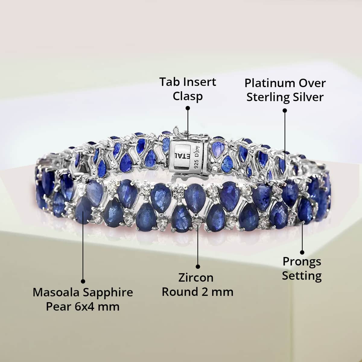 Masoala Sapphire (D) and White Zircon 37.50 ctw 2 Row Bracelet in Platinum Over Sterling Silver (7.25 In) 37.50 ctw image number 3