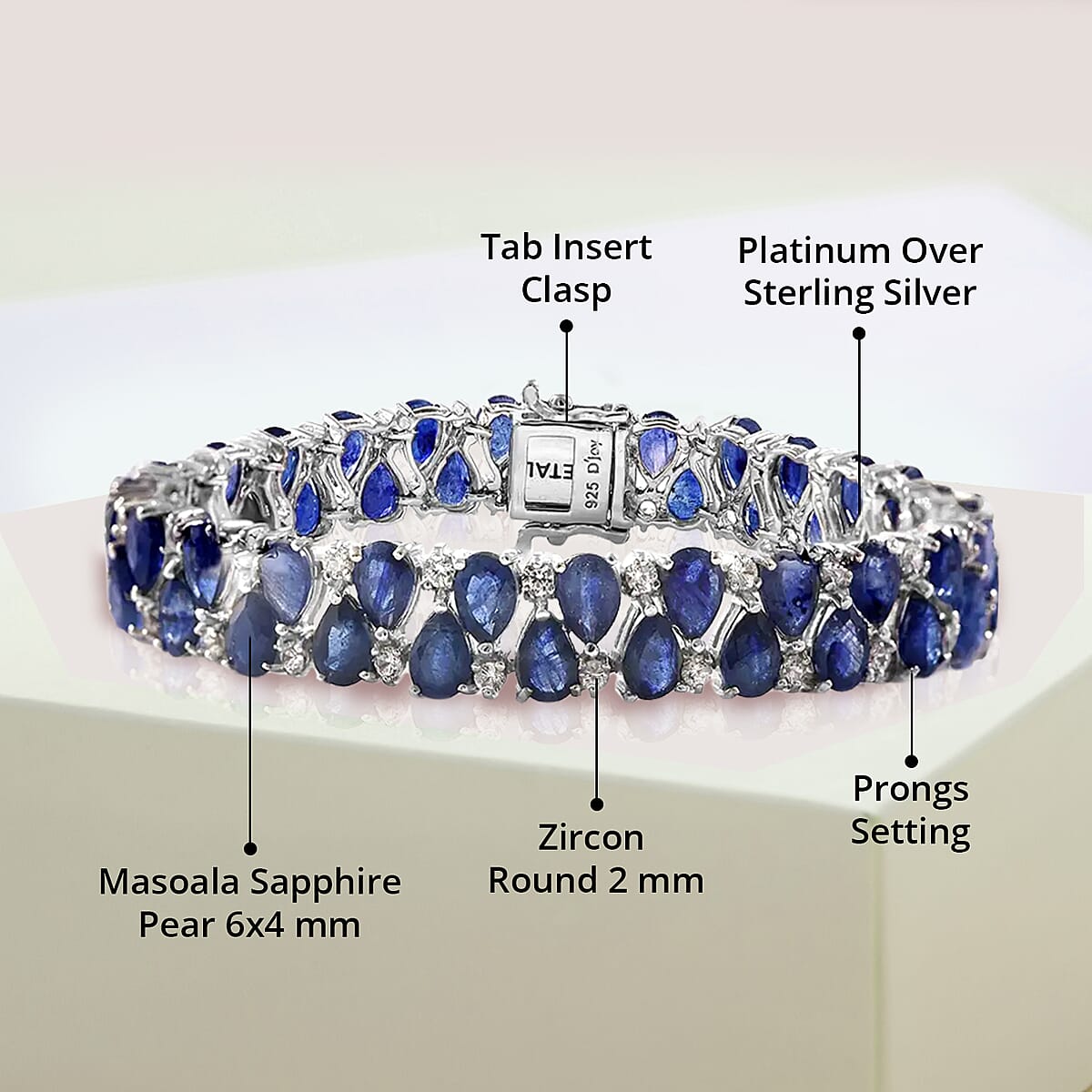 Masoala Sapphire (D) and White Zircon 2 Row Bracelet in Platinum Over Sterling Silver (8.00 In) 41.50 ctw image number 3