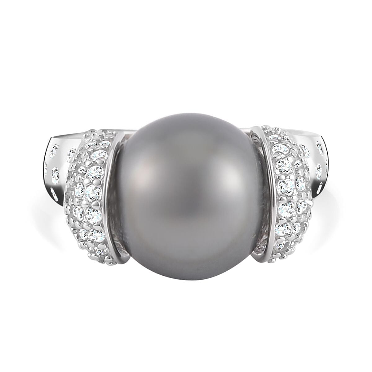 Tahiti Pearl and White Zircon15.56 ctw Ring in Platinum Over Sterling Silver (Size 5.5)