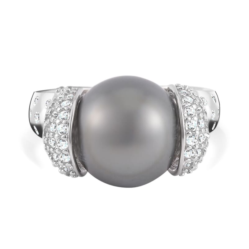 Tahiti Pearl and White Zircon15.56 ctw Ring in Platinum Over Sterling Silver (Size 5.5)