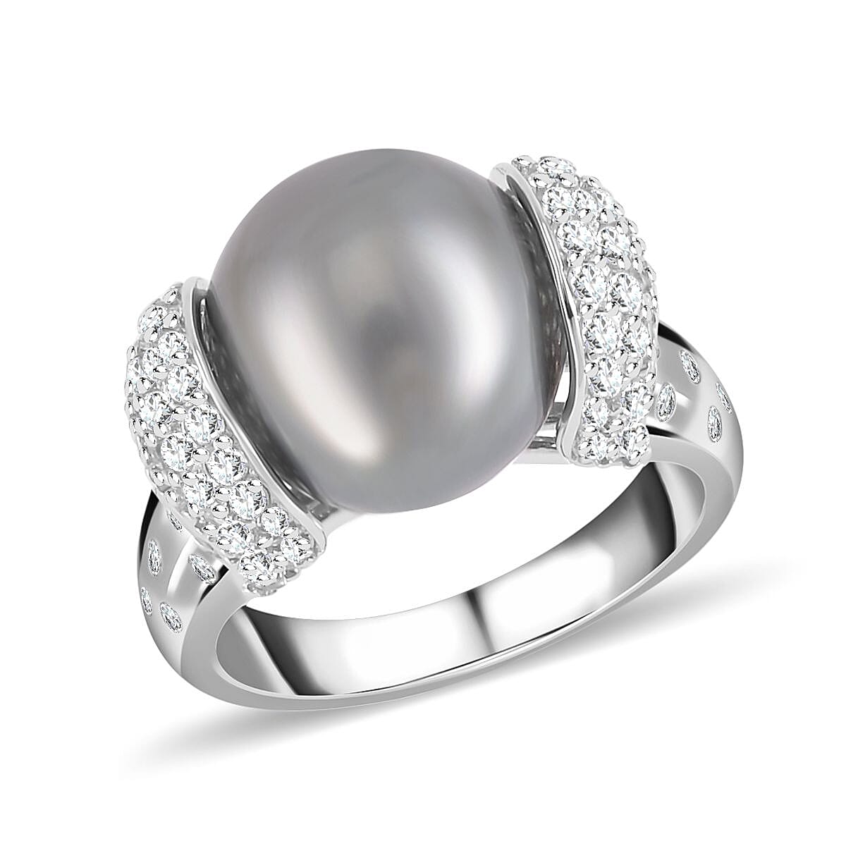Tahiti Pearl and White Zircon15.56 ctw Ring in Platinum Over Sterling Silver (Size 5.5)