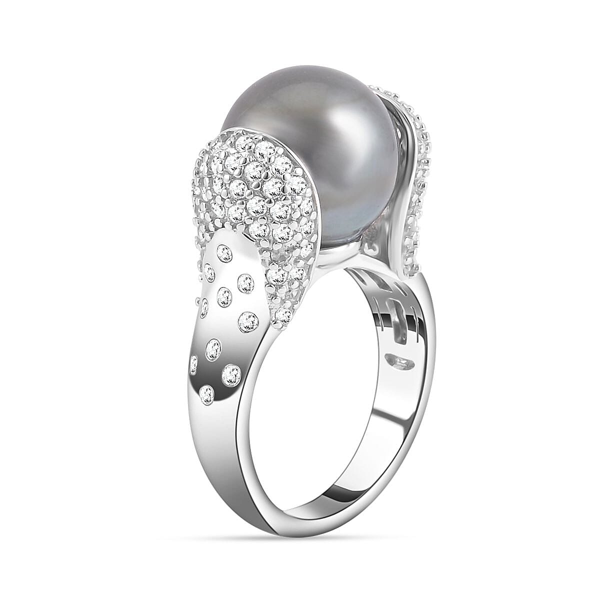 Tahiti Pearl and White Zircon15.56 ctw Ring in Platinum Over Sterling Silver (Size 5.5)