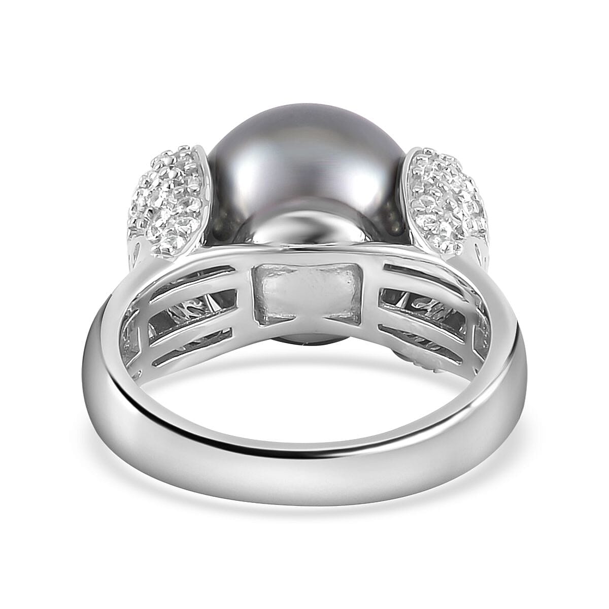 Tahiti Pearl and White Zircon15.56 ctw Ring in Platinum Over Sterling Silver (Size 5.5)
