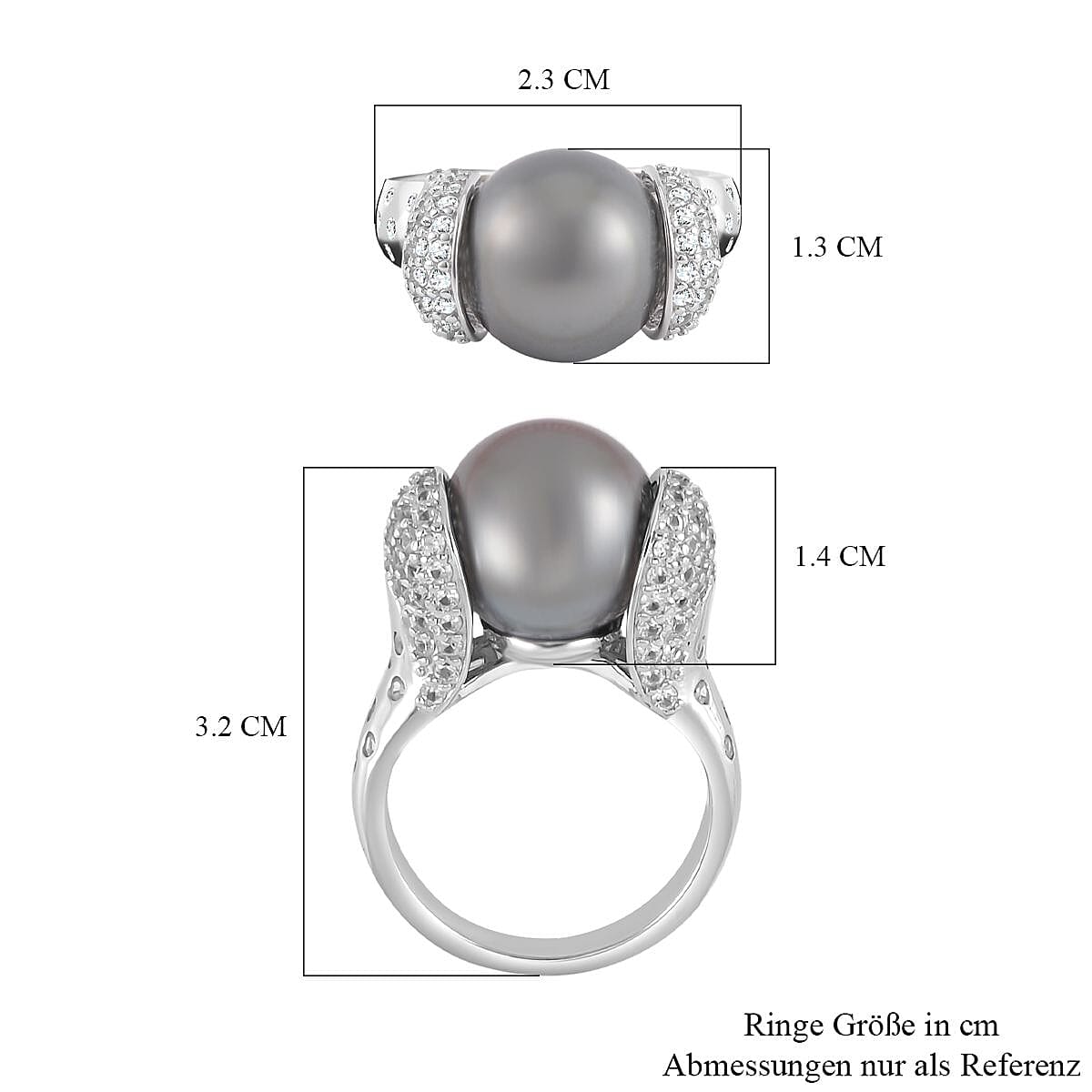 Tahiti Pearl and White Zircon15.56 ctw Ring in Platinum Over Sterling Silver (Size 5.5)