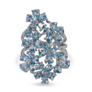 Cambodian Blue Zircon and White Zircon Floral Ring in Platinum Over Sterling Silver (Size 10.0) 7.80 ctw