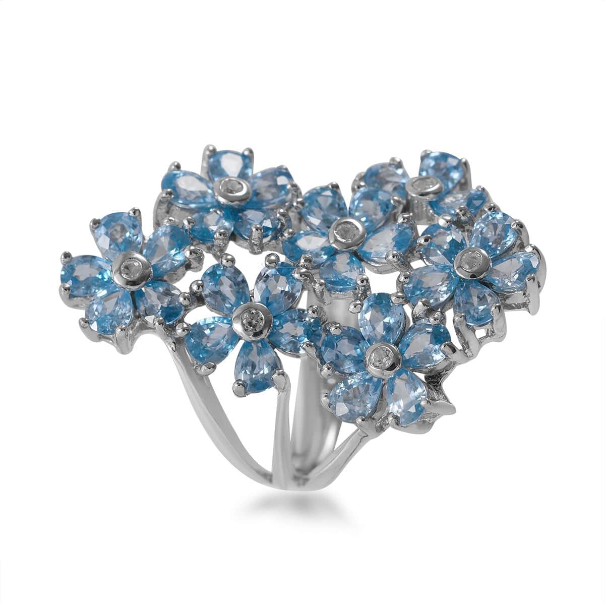 Cambodian Blue Zircon and White Zircon Floral Ring in Platinum Over Sterling Silver (Size 10.0) 7.80 ctw image number 2