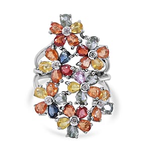 Multi Sapphire and White Zircon 6.20 ctw Floral Ring in Platinum Over Sterling Silver (Size 6.0)