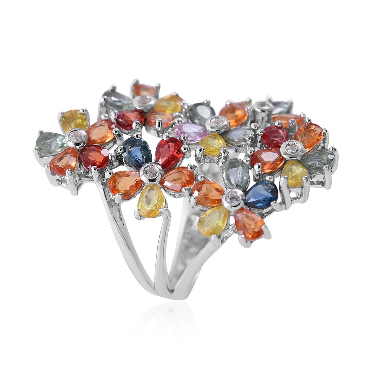 Multi Sapphire and White Zircon 6.20 ctw Floral Ring in Platinum Over Sterling Silver (Size 6.0) image number 2