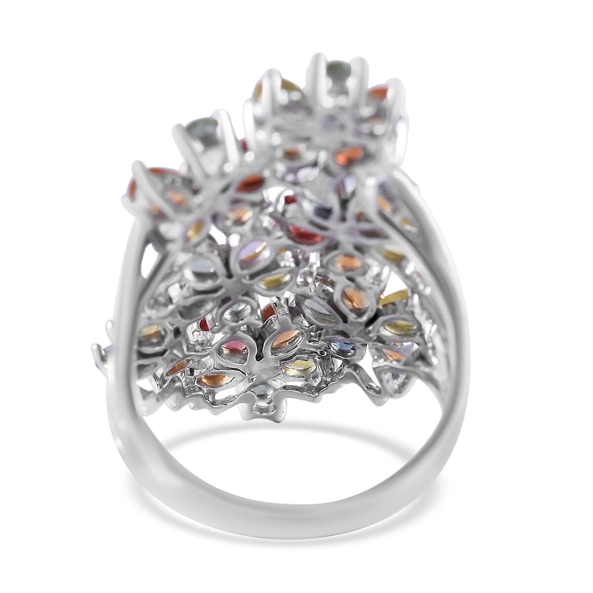Multi Sapphire and White Zircon 6.20 ctw Floral Ring in Platinum Over Sterling Silver (Size 6.0) image number 3