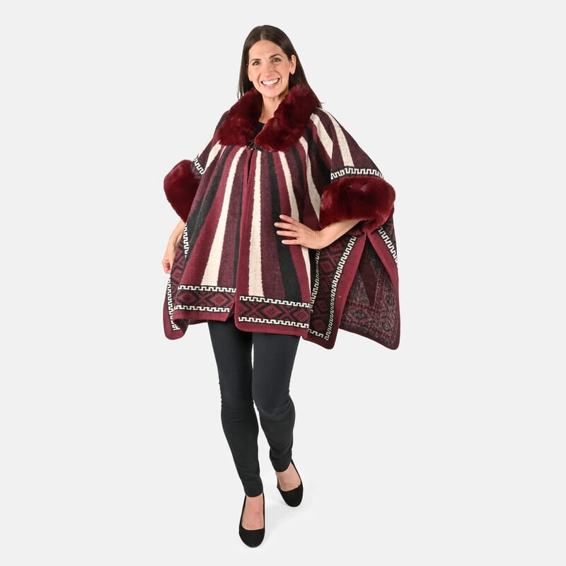 Burgundy Faux Fur Striped Pattern Ruana - One Size Fits Most