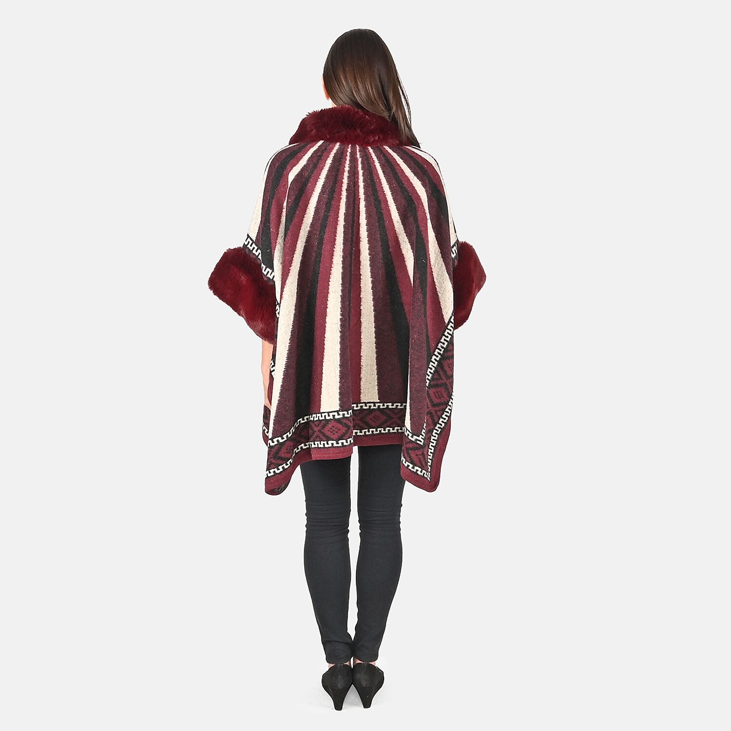 Burgundy Faux Fur Striped Pattern Ruana - One Size Fits Most