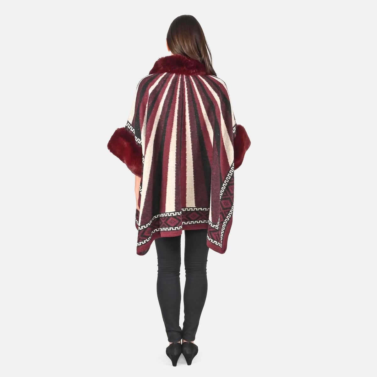 Burgundy Faux Fur Striped Pattern Ruana - One Size Fits Most image number 1