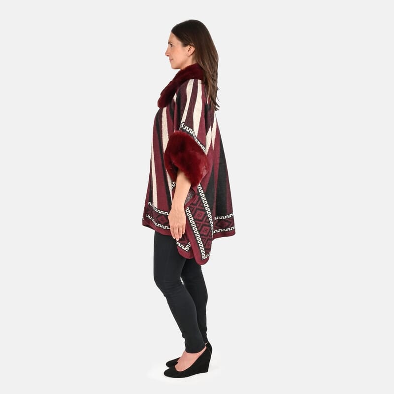 Burgundy Faux Fur Striped Pattern Ruana - One Size Fits Most
