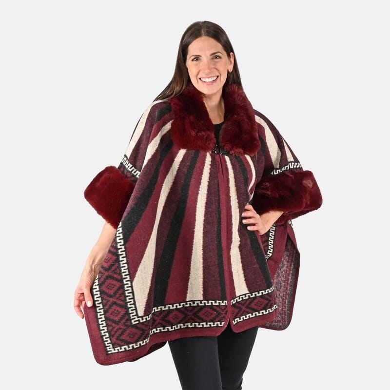 Burgundy Faux Fur Striped Pattern Ruana - One Size Fits Most
