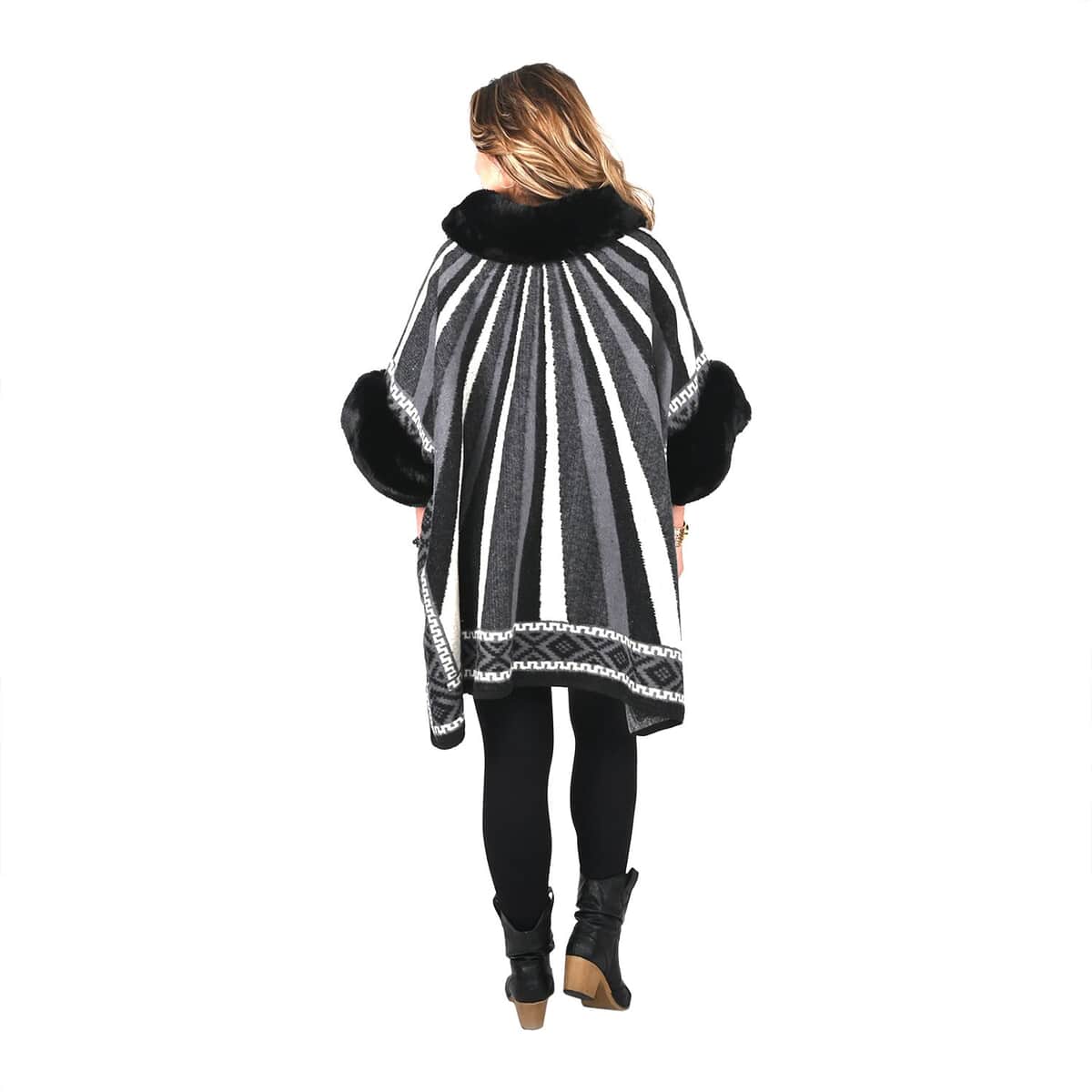 Black Faux Fur Striped Pattern Ruana - One Size Fits Most image number 1
