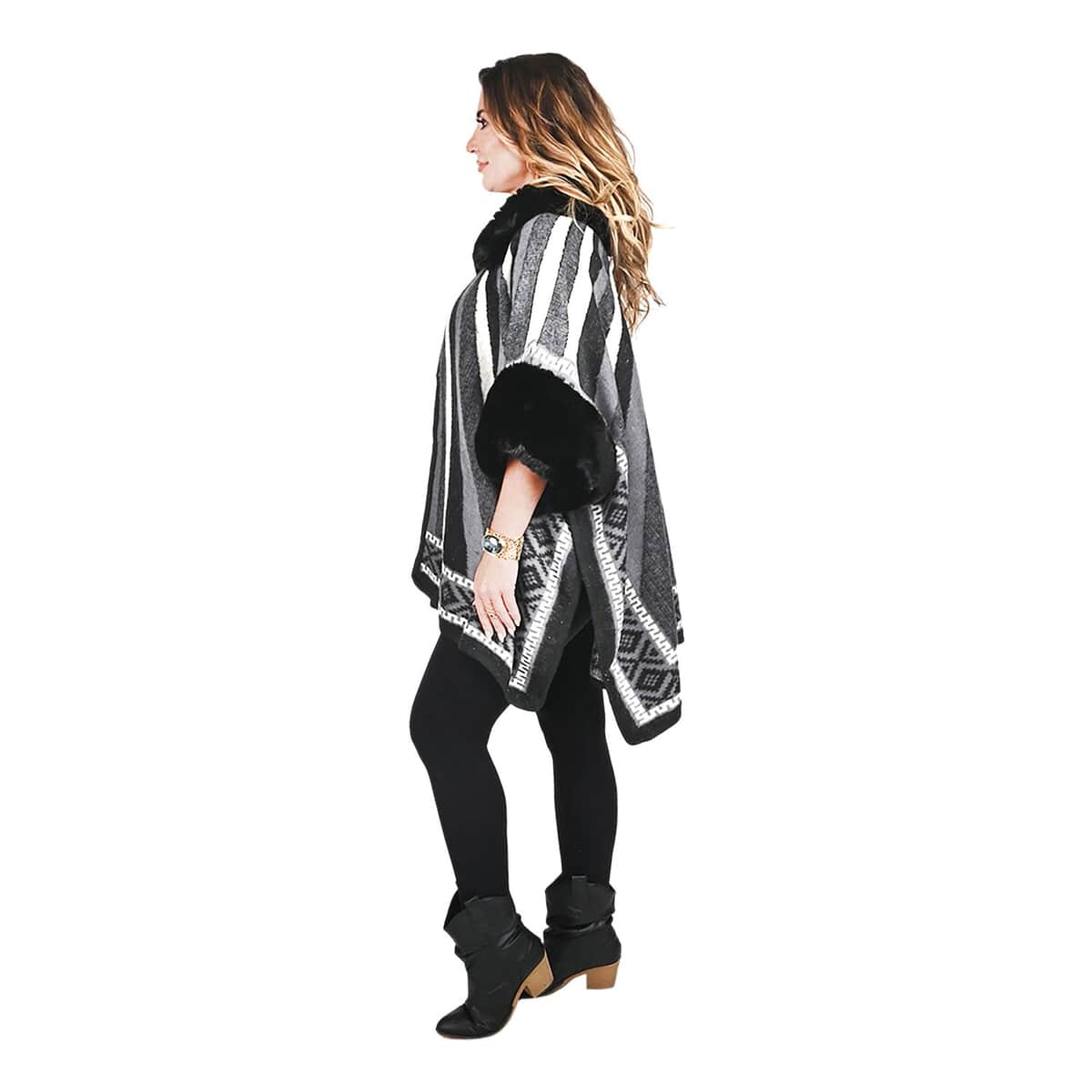 Black Faux Fur Striped Pattern Ruana - One Size Fits Most image number 2