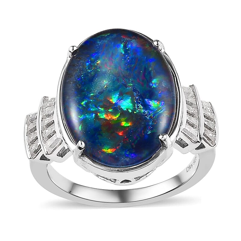 Boulder Opal Triplet and Moissanite 7.15 ctw Ring in Platinum Over Sterling Silver (Size 10.0) 