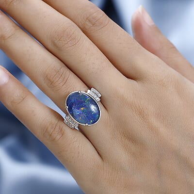 Boulder Opal Triplet and Moissanite 7.15 ctw Ring in Platinum Over Sterling Silver (Size 10.0) 