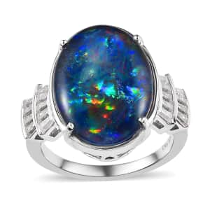 Boulder Opal Triplet and Moissanite Ring in Platinum Over Sterling Silver (Size 5.0) 7.15 ctw