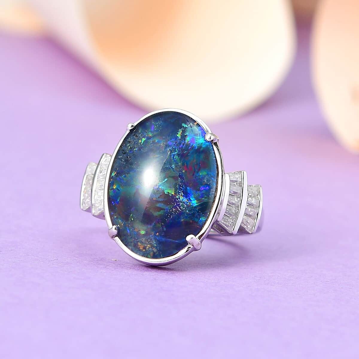 Boulder Opal Triplet and Moissanite Ring in Platinum Over Sterling Silver (Size 7.0) 7.15 ctw image number 1