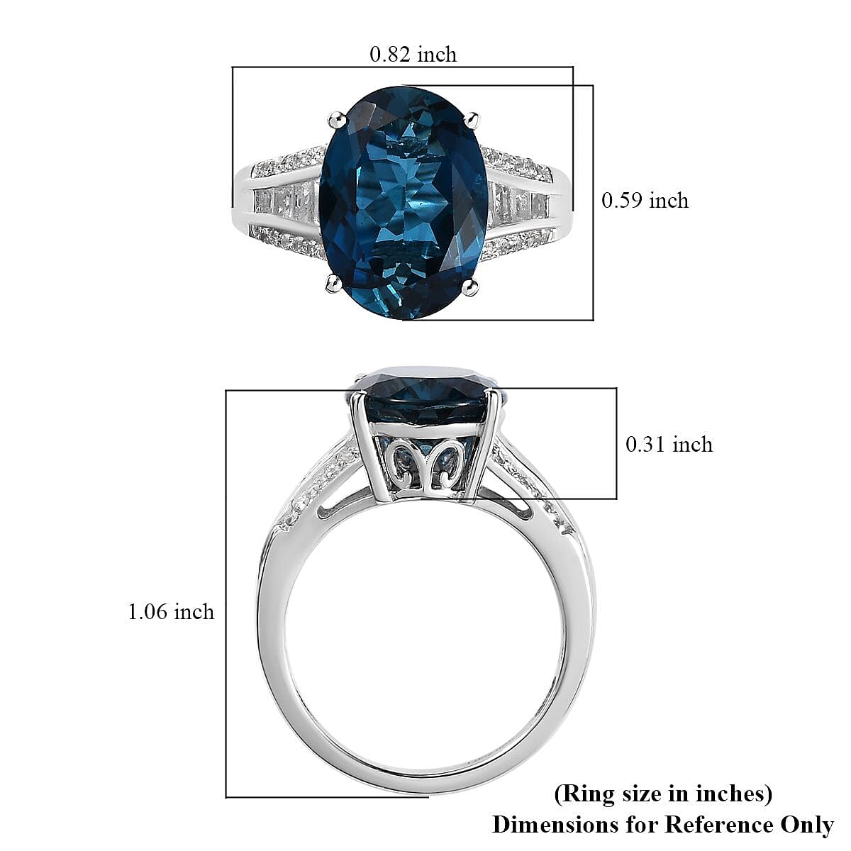 London Blue Topaz and White Topaz Ring in Platinum Over Sterling Silver (Size 10.0) 7.50 ctw
