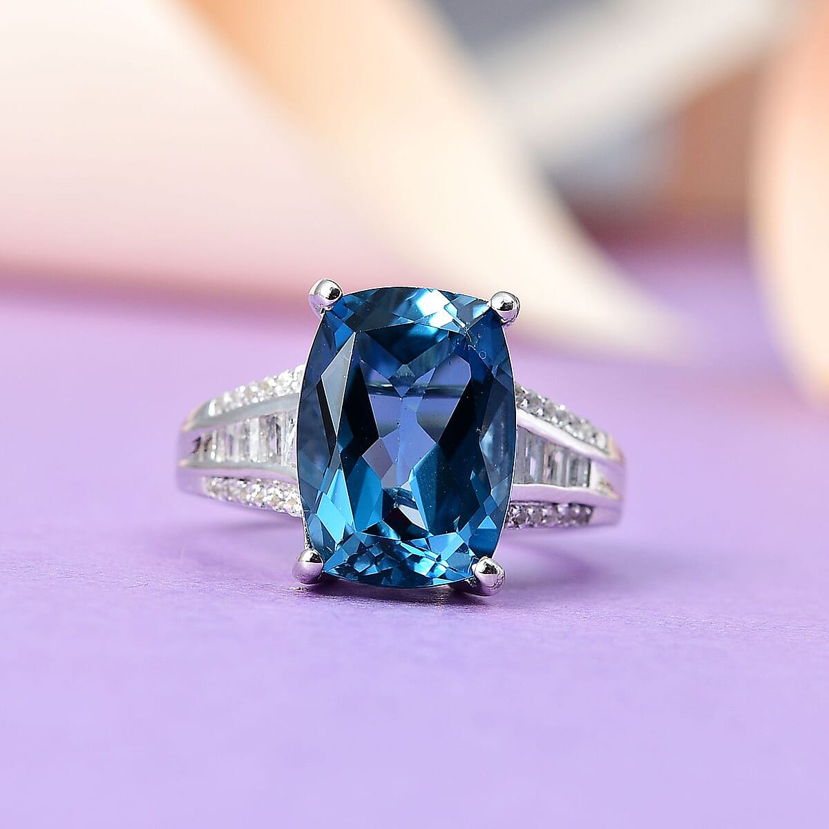 London Blue Topaz, White Topaz Ring in Platinum Over Sterling Silver (Size 9.0) 7.50 ctw image number 1