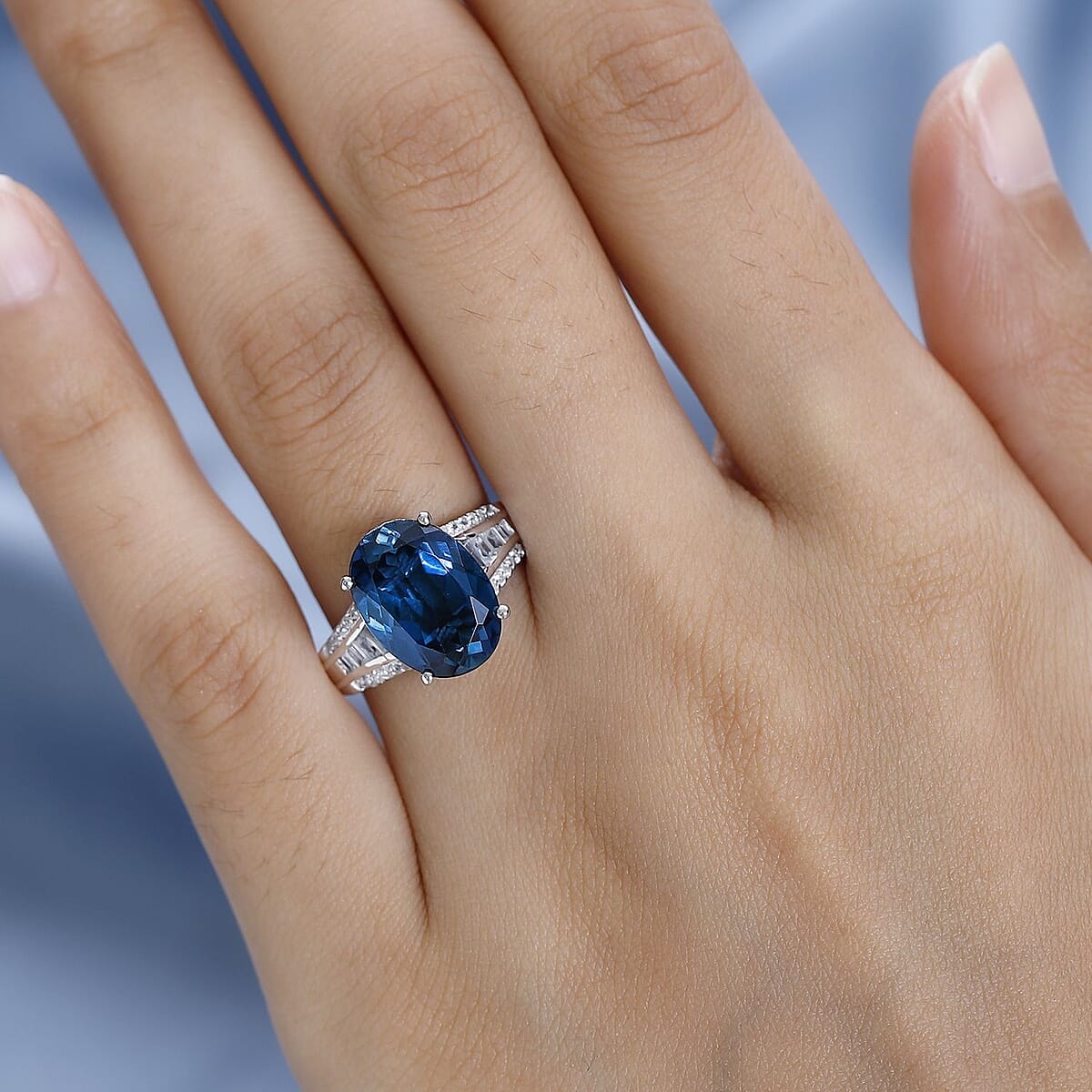 London Blue Topaz, White Topaz Ring in Platinum Over Sterling Silver (Size 9.0) 7.50 ctw image number 2