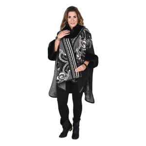 Black Faux Fur Baroque Pattern Ruana - One Size Fits Most