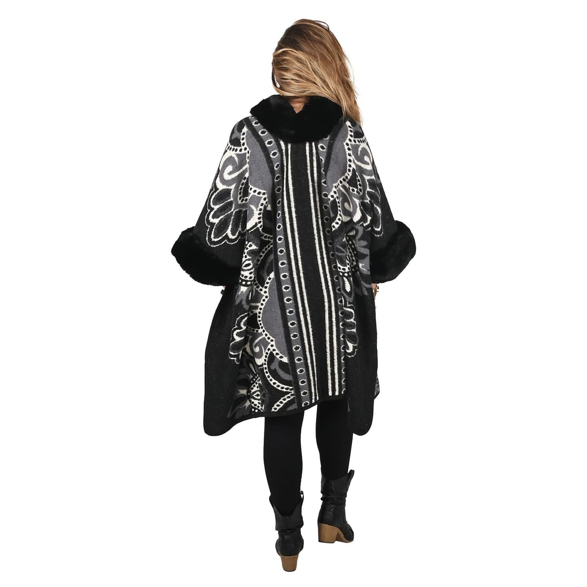Black Faux Fur Baroque Pattern Ruana - One Size Fits Most image number 1