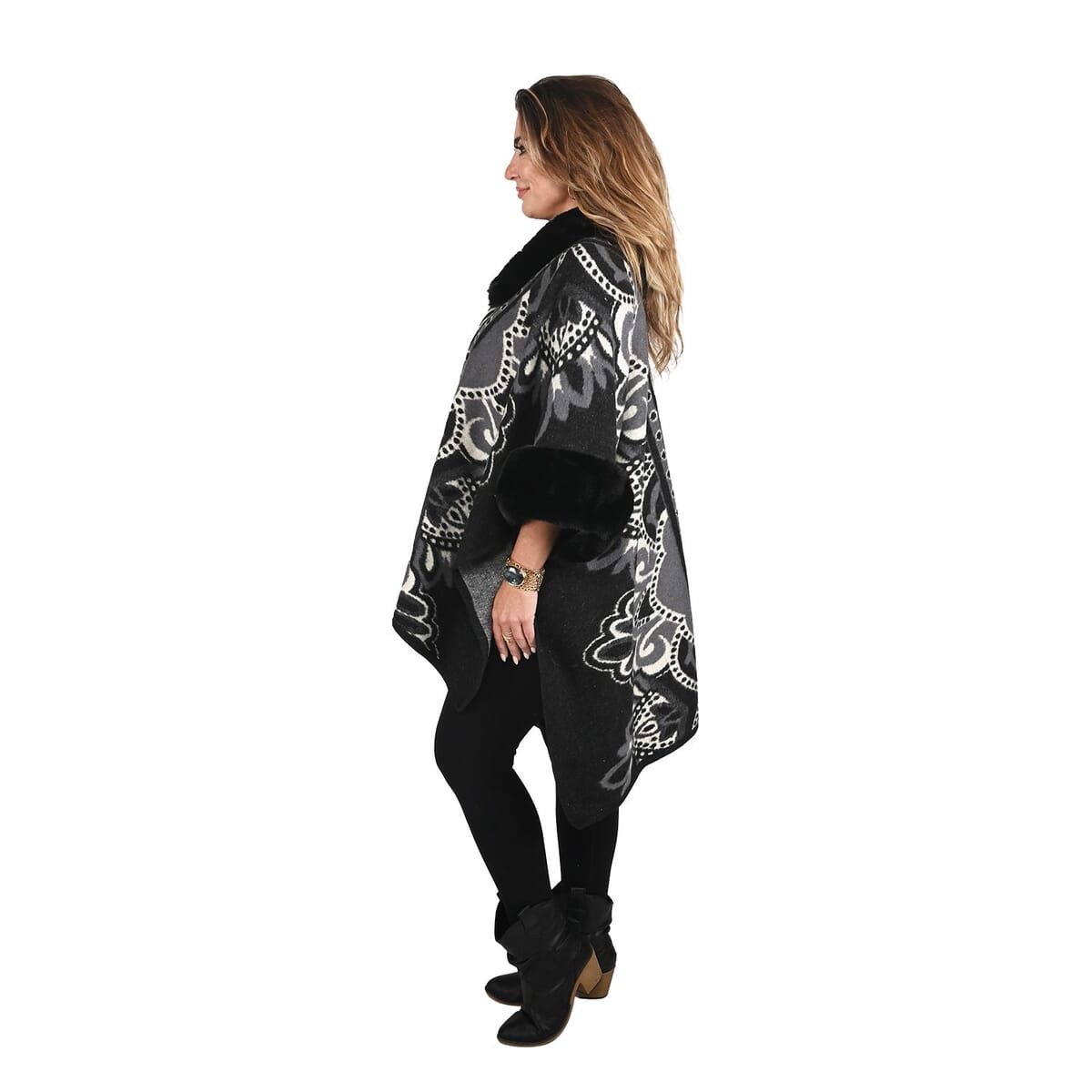 Black Faux Fur Baroque Pattern Ruana - One Size Fits Most image number 2
