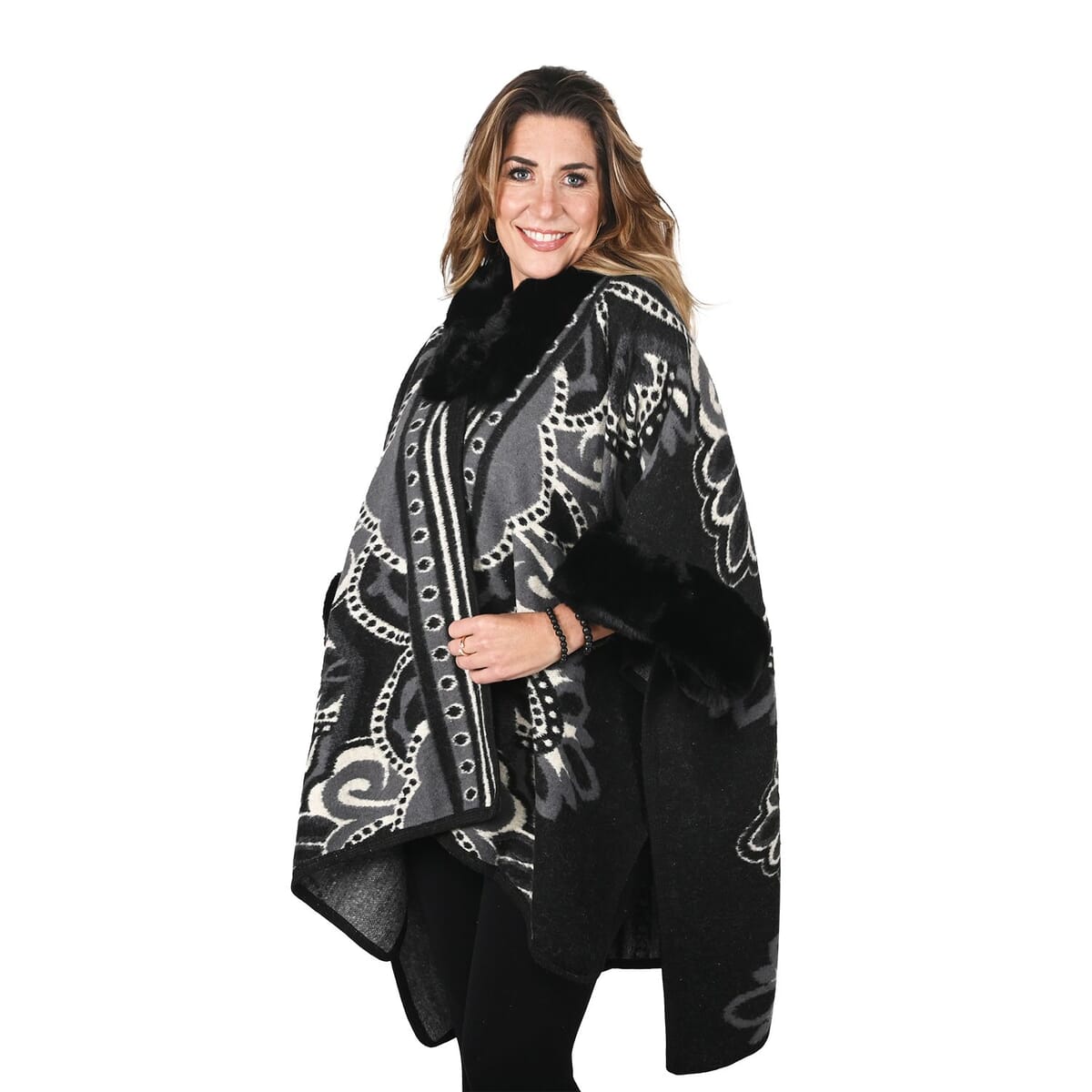 Black Faux Fur Baroque Pattern Ruana - One Size Fits Most image number 3