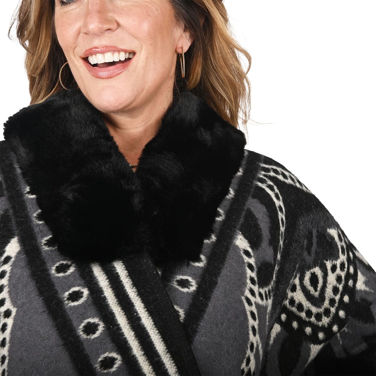 Black Faux Fur Baroque Pattern Ruana - One Size Fits Most image number 4