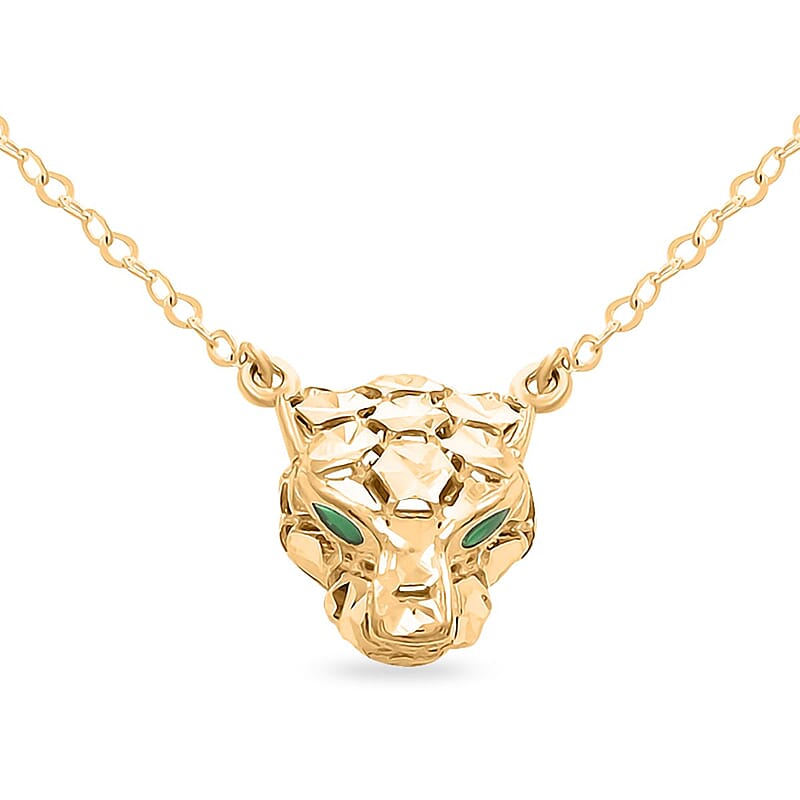 Italian 10K Yellow Gold, Enameled Panther Face Necklace 18 Inches 1.95 Grams