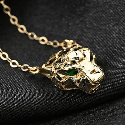 Italian 10K Yellow Gold, Enameled Panther Face Necklace 18 Inches 1.95 Grams