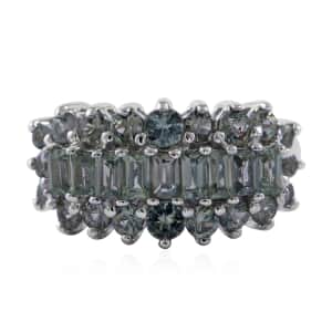 Green Sapphire Cluster Ring in Platinum Over Sterling Silver (Size 8.0) 2.60 ctw