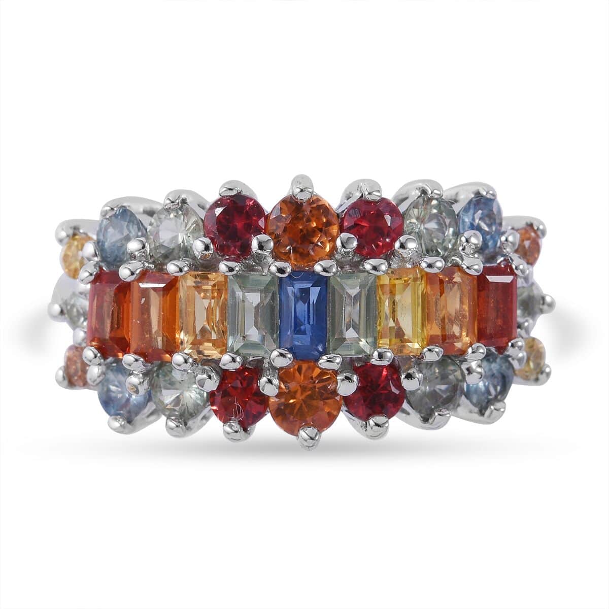 Multi Sapphire Cluster Ring in Platinum Over Sterling Silver (Size 5.0) 2.60 ctw image number 0