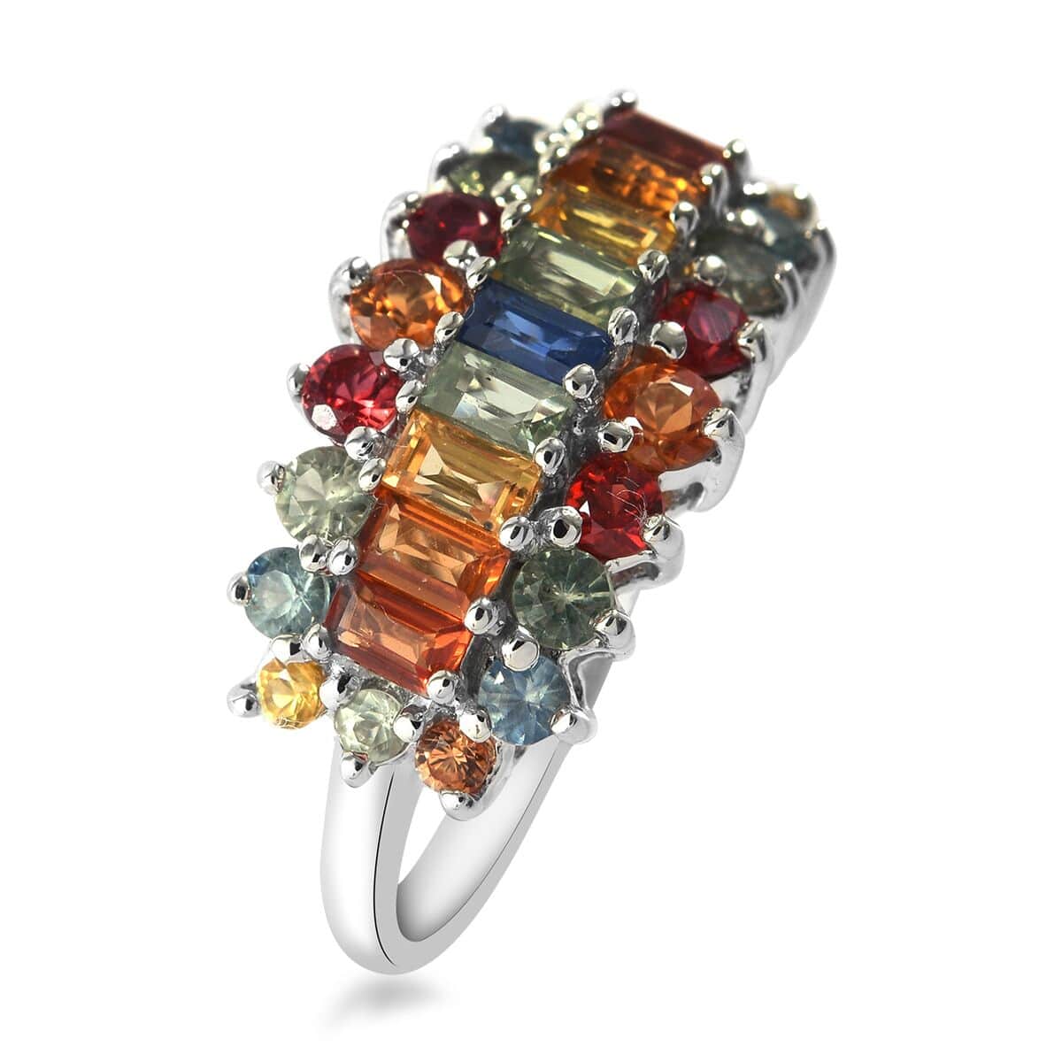 Multi Sapphire Cluster Ring in Platinum Over Sterling Silver (Size 5.0) 2.60 ctw image number 2