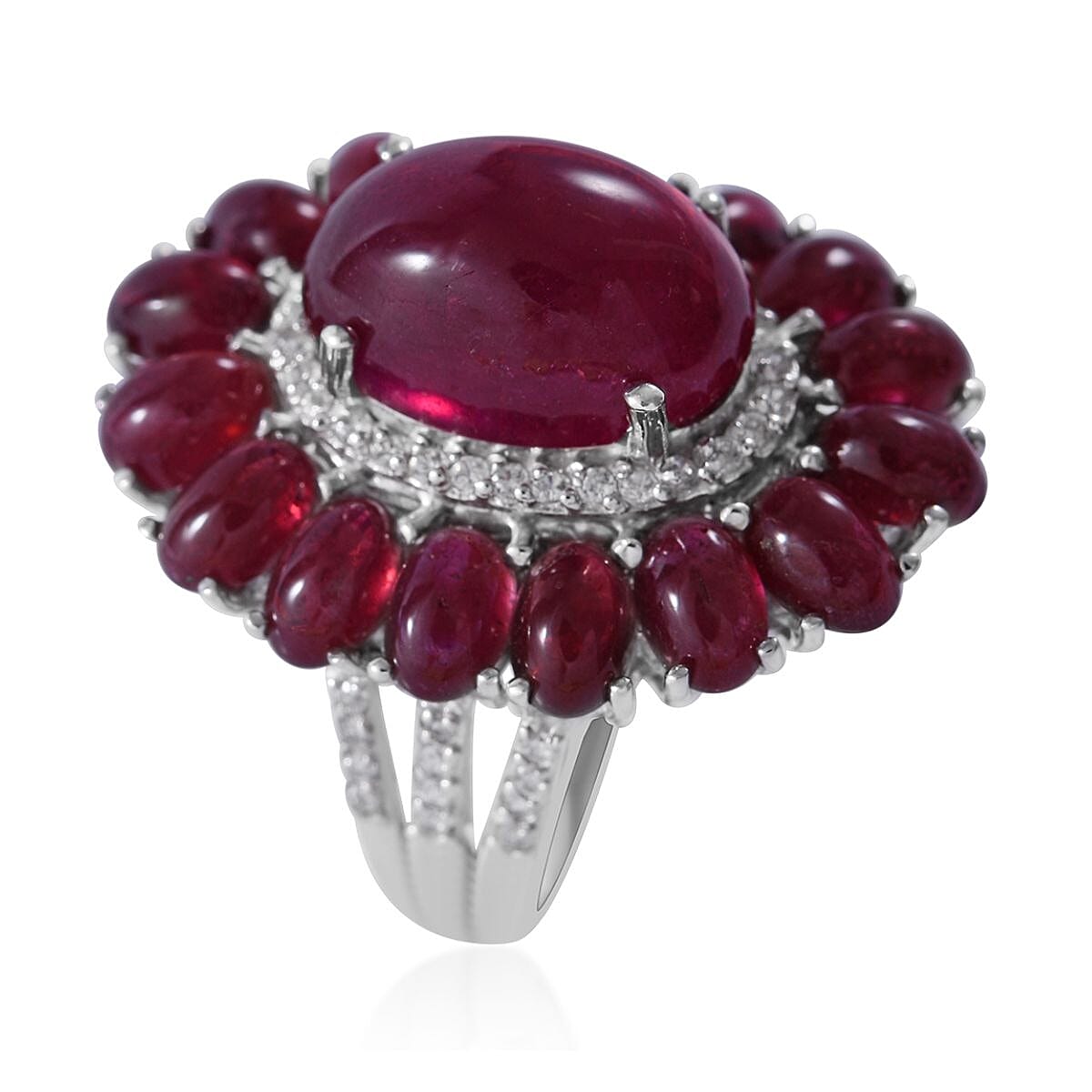 African Ruby and White Zircon Halo Ring in Platinum Over Sterling Silver 23.40 ctw image number 2