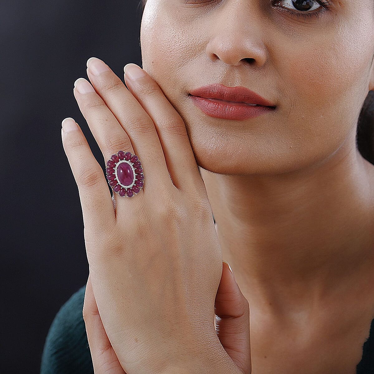 African Ruby (FF) and White Zircon 23.90 ctw Halo Ring in Platinum Over Sterling Silver (Size 6.0) image number 1