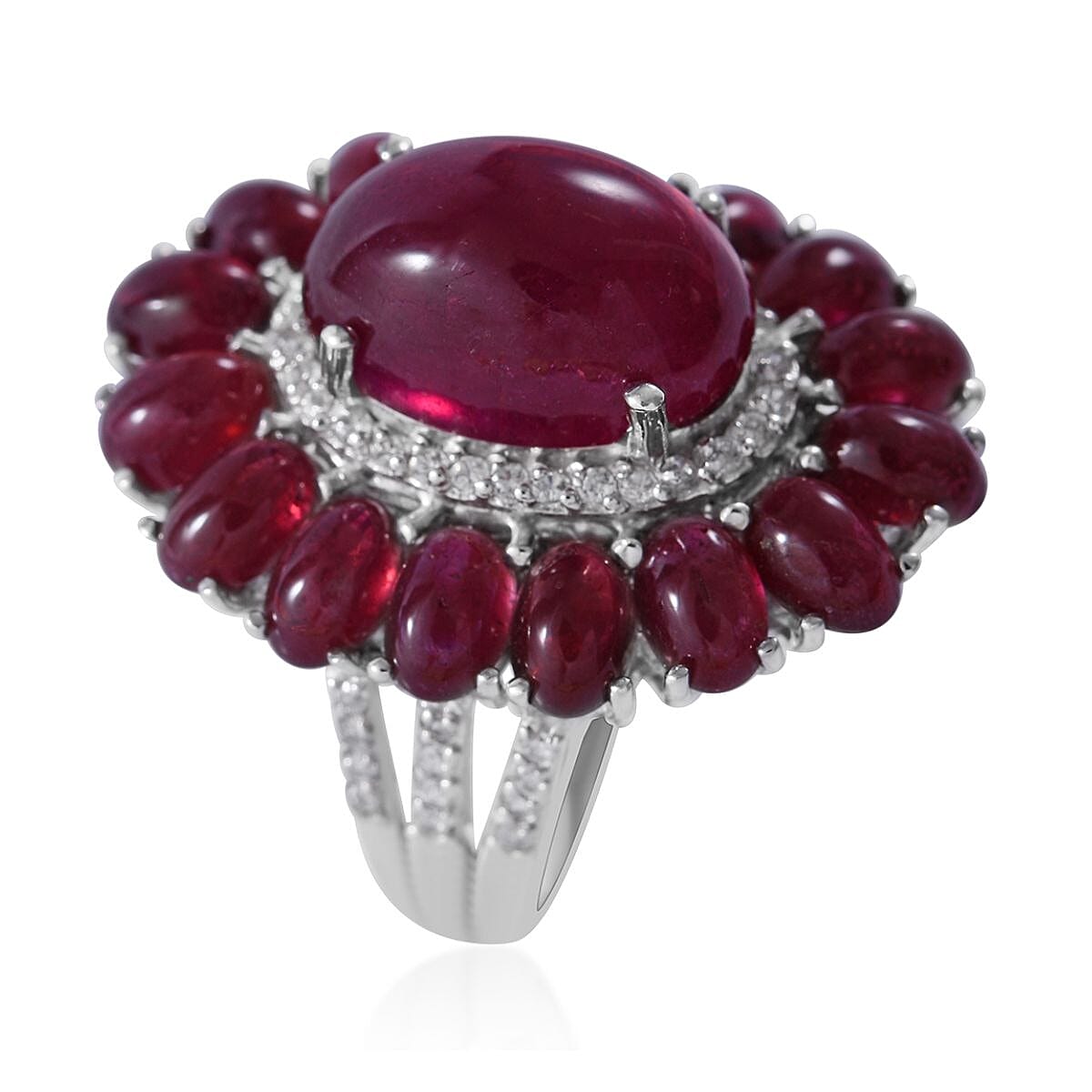African Ruby (FF) and White Zircon 23.90 ctw Halo Ring in Platinum Over Sterling Silver (Size 6.0) image number 2