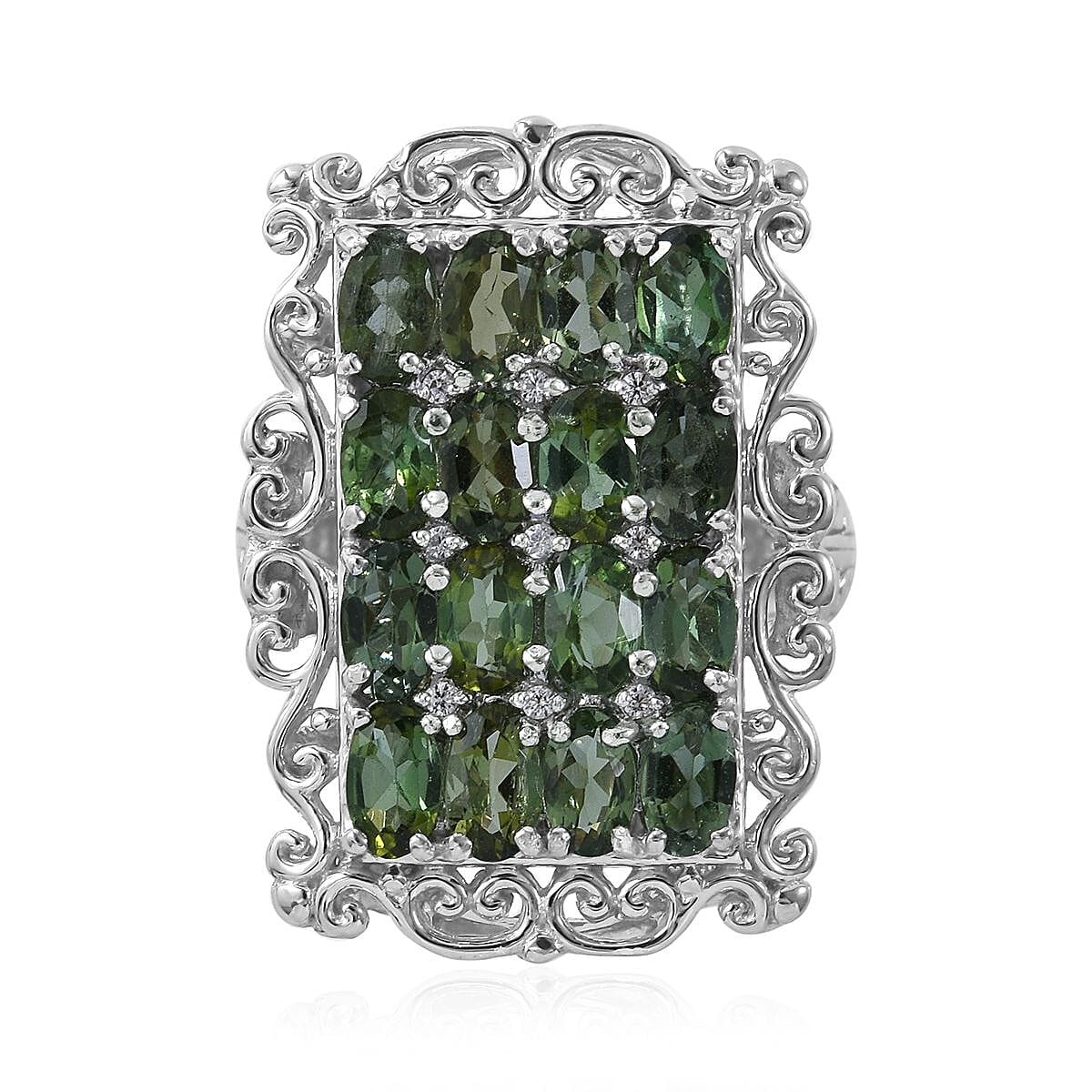 Shade of Green Tourmaline, White Zircon Elongated Ring in Platinum Over Sterling Silver (Size 10.0) 3.85 ctw