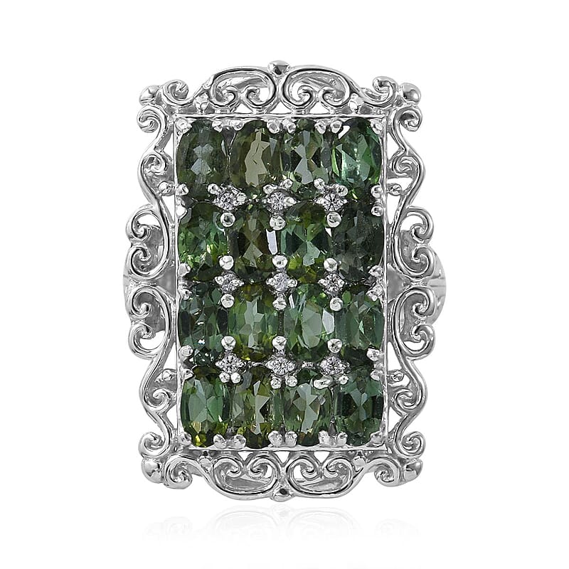 Shade of Green Tourmaline, White Zircon Elongated Ring in Platinum Over Sterling Silver (Size 10.0) 3.85 ctw