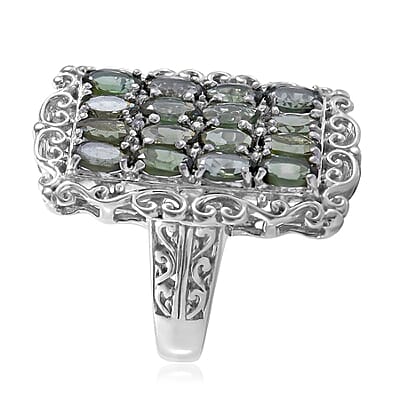 Shade of Green Tourmaline, White Zircon Elongated Ring in Platinum Over Sterling Silver (Size 10.0) 3.85 ctw