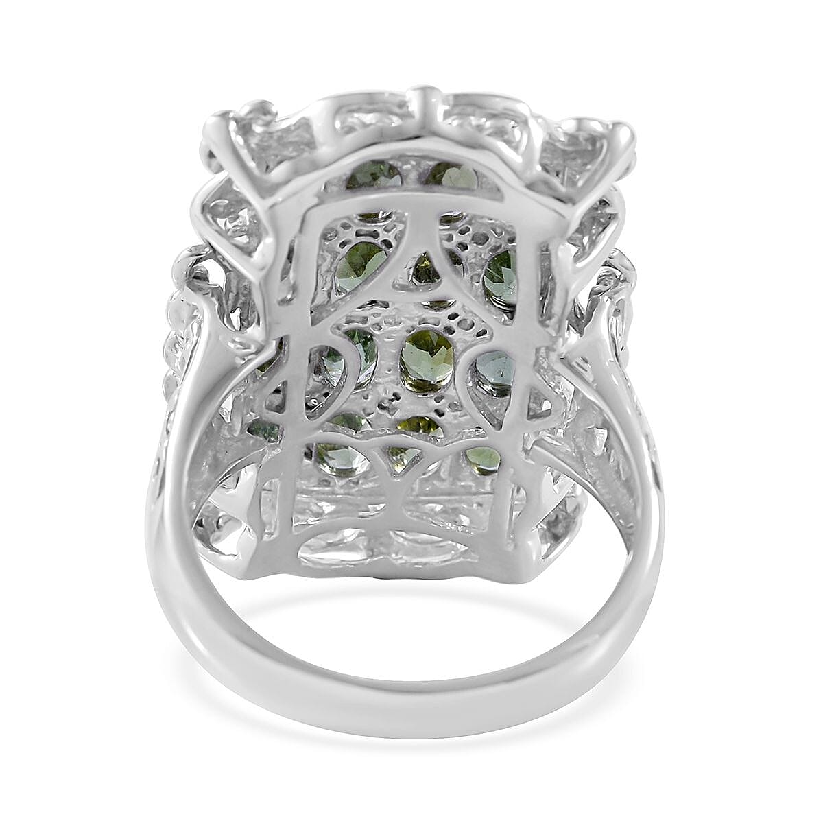 Shade of Green Tourmaline, White Zircon Elongated Ring in Platinum Over Sterling Silver (Size 10.0) 3.85 ctw