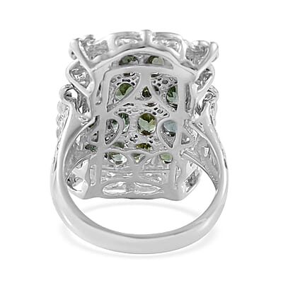 Shade of Green Tourmaline, White Zircon Elongated Ring in Platinum Over Sterling Silver (Size 10.0) 3.85 ctw