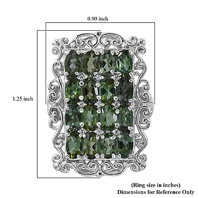 Shade of Green Tourmaline, White Zircon Elongated Ring in Platinum Over Sterling Silver (Size 10.0) 3.85 ctw