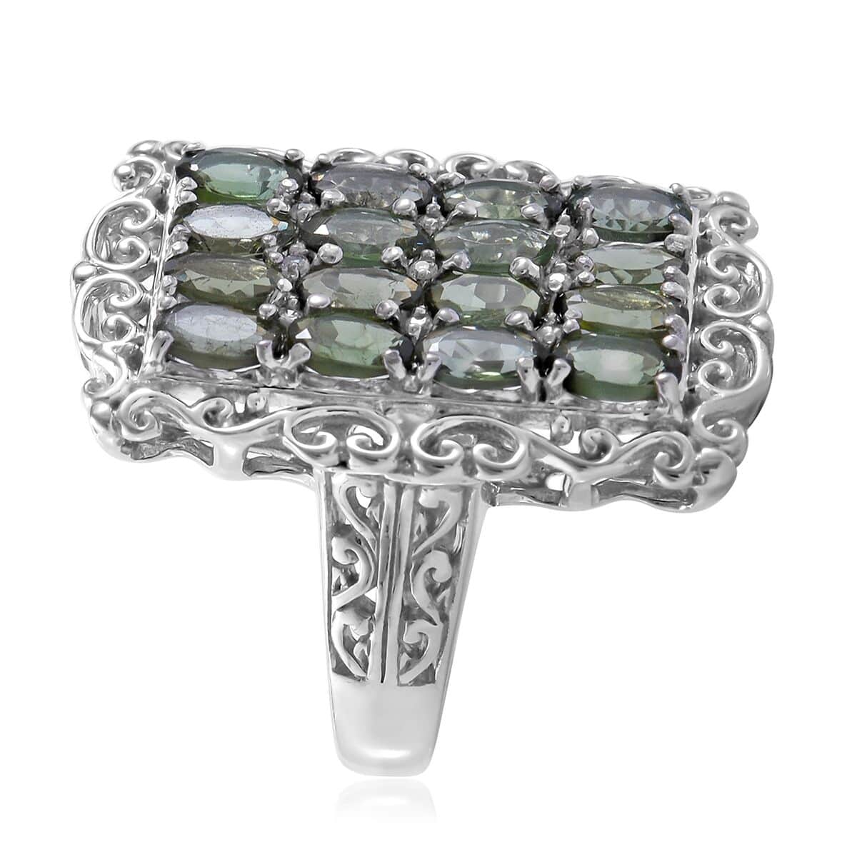 Shade of Green Tourmaline and White Zircon Elongated Ring in Platinum Over Sterling Silver (Size 7.0) 3.85 ctw image number 2