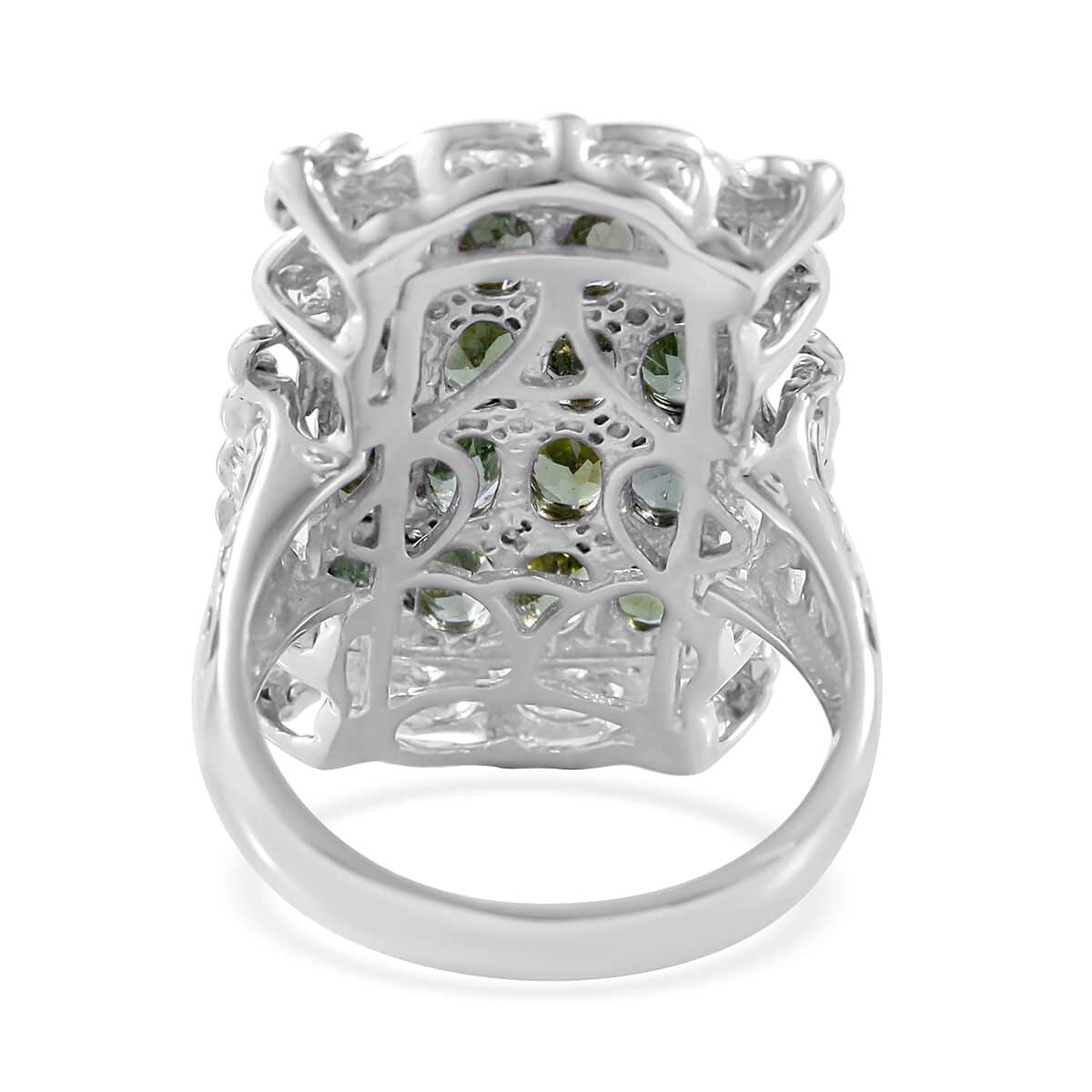 Shade of Green Tourmaline and White Zircon Elongated Ring in Platinum Over Sterling Silver (Size 7.0) 3.85 ctw image number 3