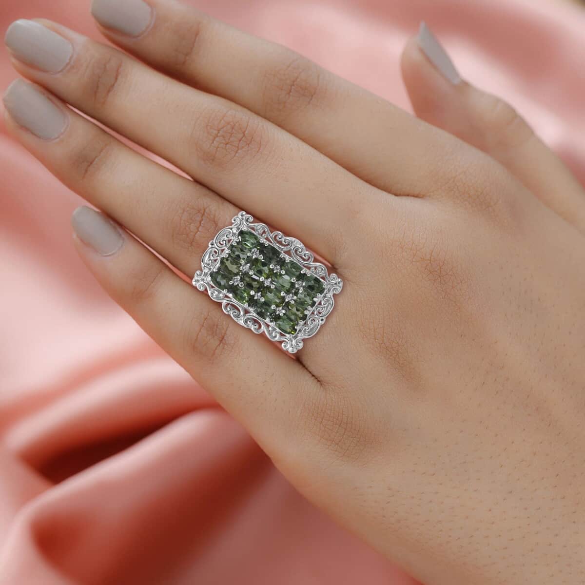 Doorbuster Shade of Green Tourmaline, White Zircon Elongated Ring in Platinum Over Sterling Silver (Size 8.0) 3.85 ctw image number 1