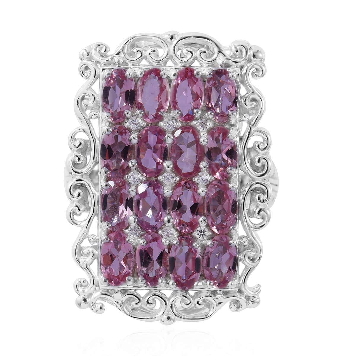 Shade of Pink Tourmaline and White Zircon Elongated Ring in Platinum Over Sterling Silver (Size 10.0) 3.85 ctw image number 0